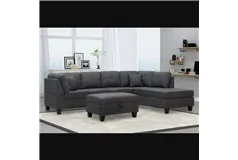 Grey Linen Sofa Sectional Large Set With Ottoman - Click for more details