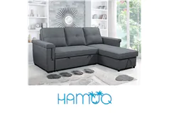 Grey Linen Reversible Sofabed Sectional w Storage and Piping Details - Click for more details