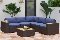 Premium Comfort Modern Rattan Corner Sofa with Coffee Table – Navy Blu - Click for more details