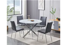 Round Tempered White Marble Glass 5 pc Dining Set w Grey Cushion Seats - Click for more details