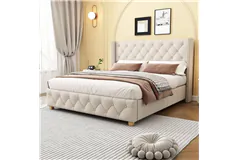 Diamond Tufted Linen Upholstered Bed - Beige/King - Click for more details