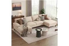 U Shape Couch with Double Chaise Lounge, Modern 4 Seater Sofa, Beige - Click for more details