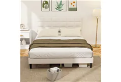 Queen Size Bed Frame w/ Upholstered Headboard 1100 lbs Capacity, Cream - Click for more details