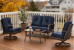 4-Piece Wicker Patio Set, Swivel Chairs, Tea Table, Navy Blue Cushions - Click for more details