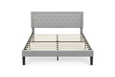 Queen Platform Bed Frame, Grey Tufted Upholstered Headboard - Click for more details