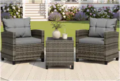 3-Piece Wicker Patio Set, High-Back Chairs, Grey Cushions, Glass Table - Click for more details