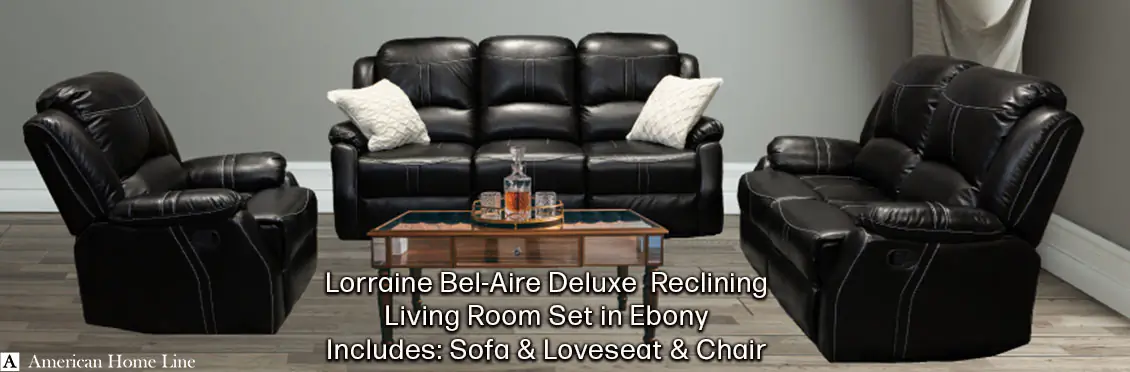 Lorraine Bel-Aire Deluxe Reclining Set in Ebony Includes: Sofa, Loveseat, Chair  - Click for more details