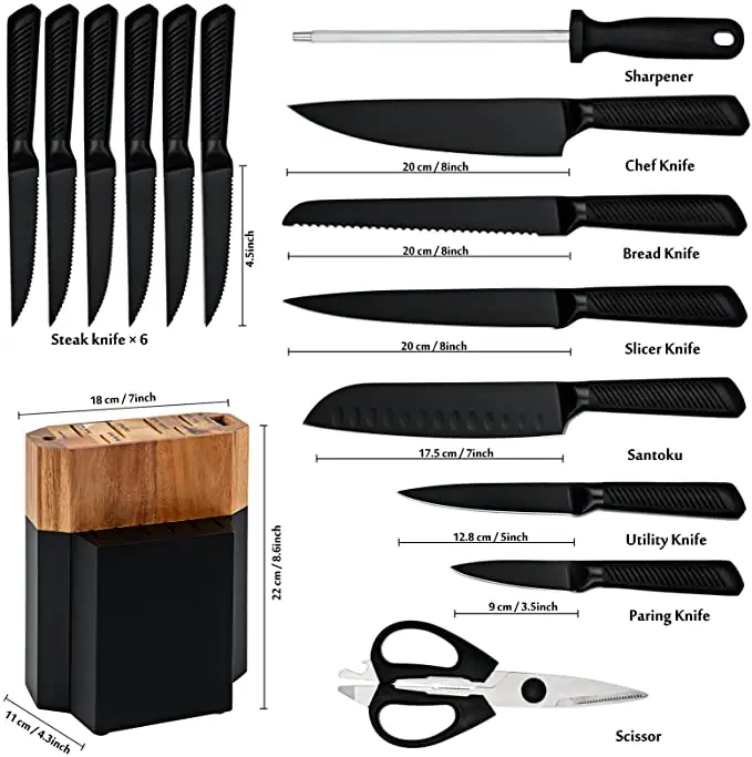 Knife Set, 15 Pieces Black Kitchen Knife Set with Wooden Block