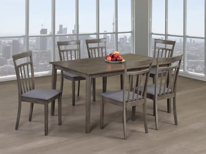 Grey Finish 7 Piece Dining Set With Trestle Back Grey Finish Chairs