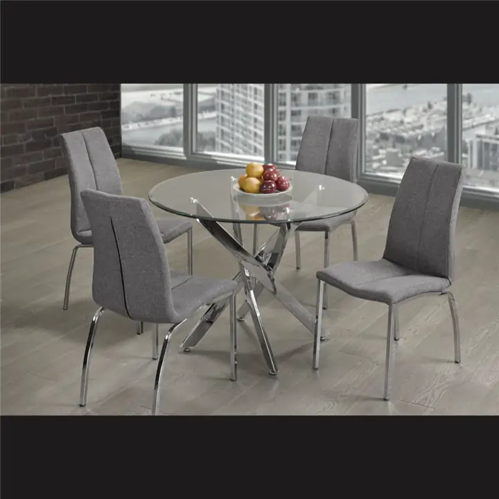 Round Glass 5 Piece Dining Set With Grey Linen Chrome Leg Chairs