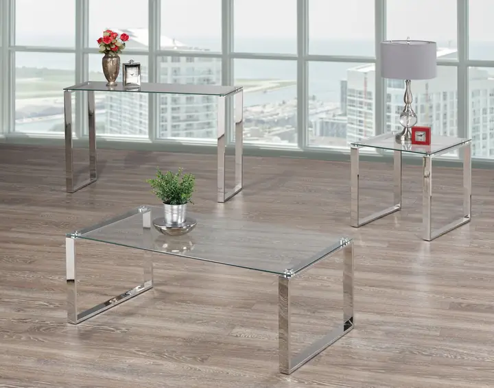 3 Piece Glass Chrome Finish Living Room Table Set