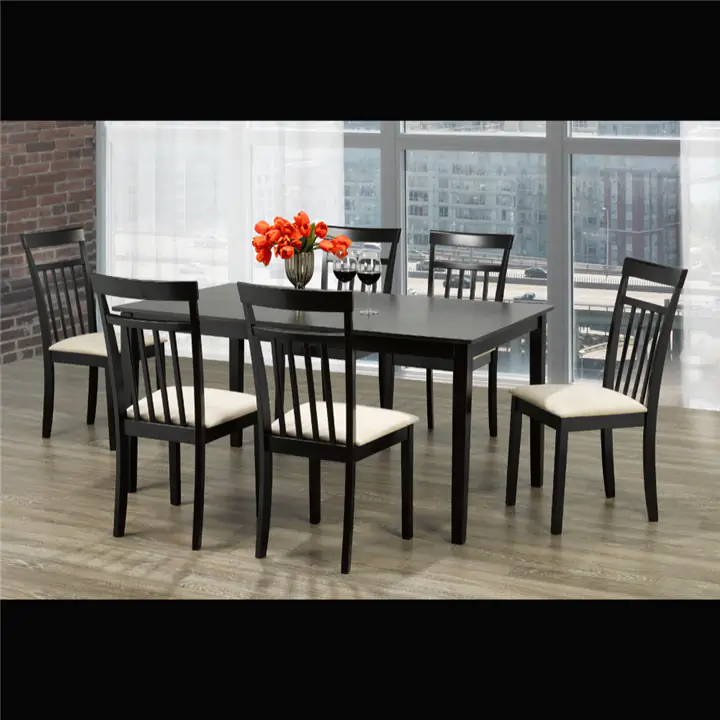 Cappuccino Wood 7 Piece Dining Set With Beige Linen Chairs