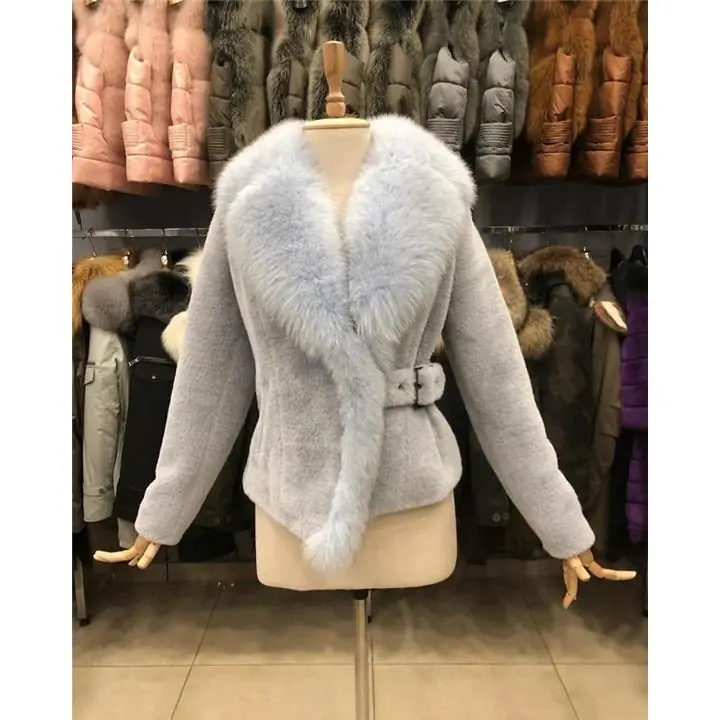 Light Blue Genuine Shearling Jacket with Fox Fur and Belt