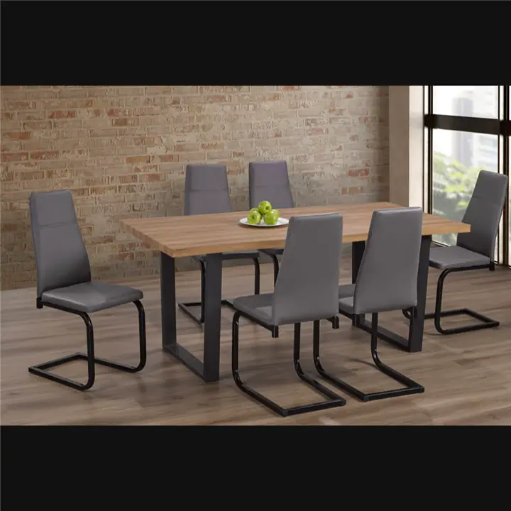 Distressed Oak 7 Piece Dining Set With Grey Bonded Leather Chairs