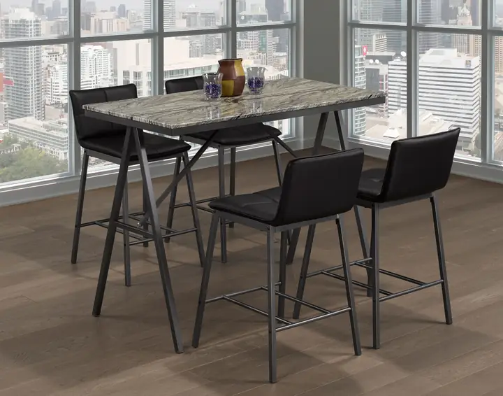 Faux Marble Top 5 Piece Pub Set With Black Leatherette Pub Chairs
