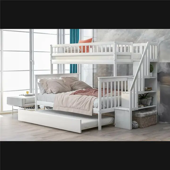 Off-White Twin Over Double Wood Bunk Bed W Trundle