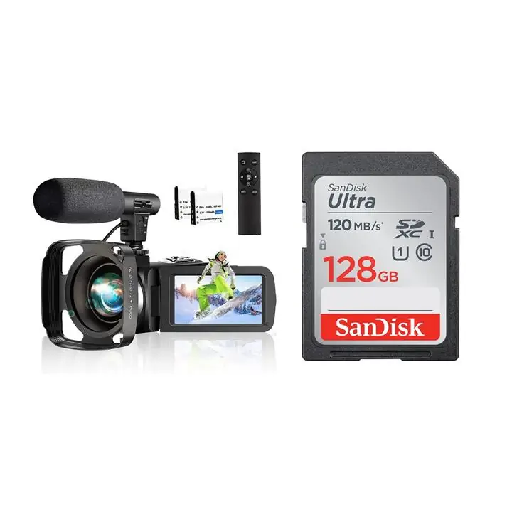 SanDisk 128GB Ultra SDXC SD Card & Gsantos 2K DV Camera Black Bundle