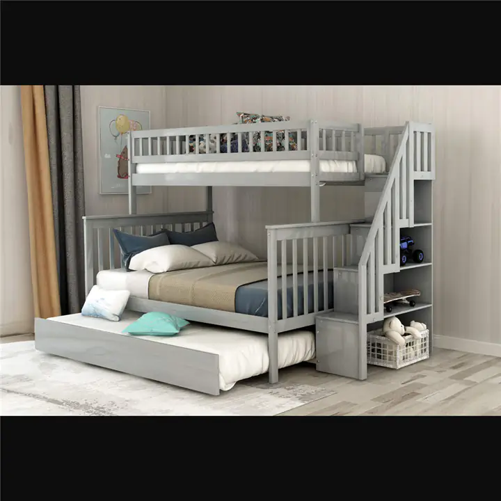Grey Twin Over Double Wood Bunk Bed W Trundle