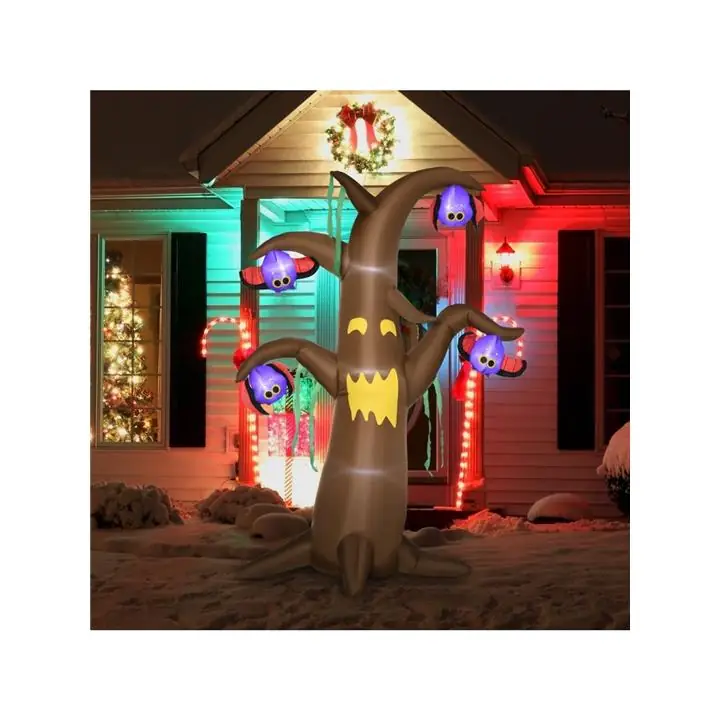 8ft Inflatable Halloween Ghost Tree with Upside-down Bats Showing Teet