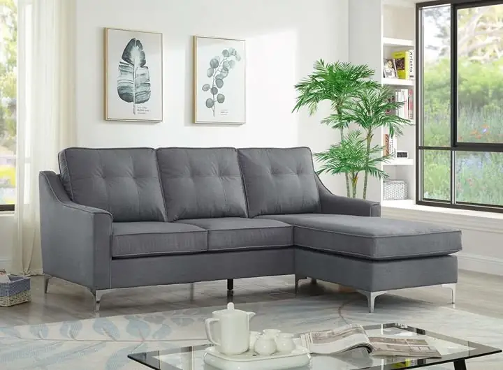 Reversible Sofa Sectional w Button Tufting and Chrome Legs