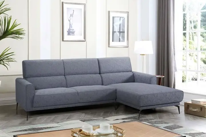 Grey Linen Sectional w Sleek Metal Legs w Right Hand Facing Chaise