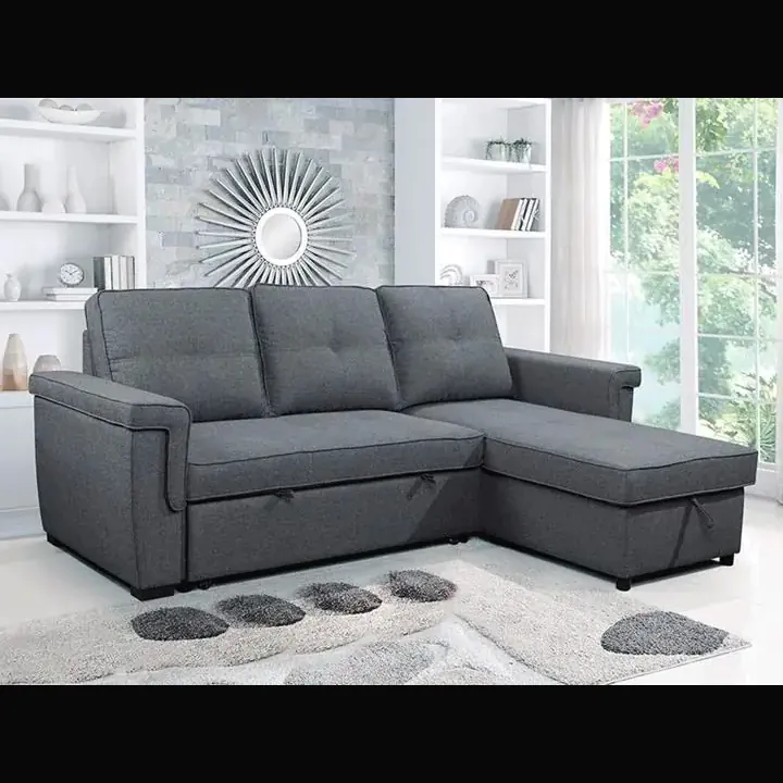 Grey Linen Reversible Sofabed Sectional w Storage and Piping Details