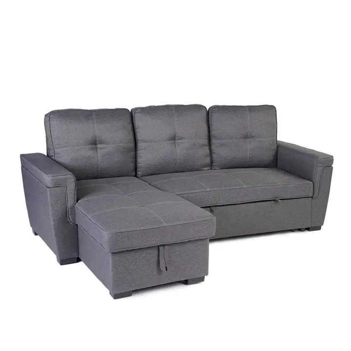Grey Linen Reversible Sofabed Sectional w Storage and Piping Details