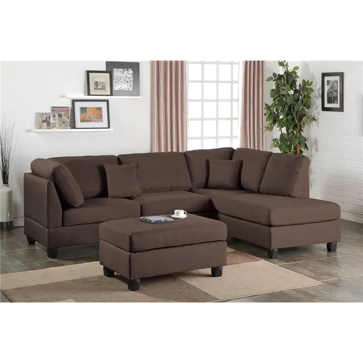 Pistoia Chocolate 3-Piece Sectional Set with Ottoman in Fabric