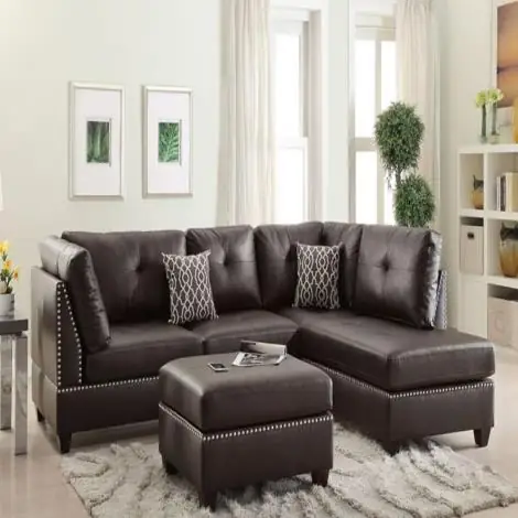 Loures Reversible Sectional Sofa in Espresso Bonded Leather & Ottoman