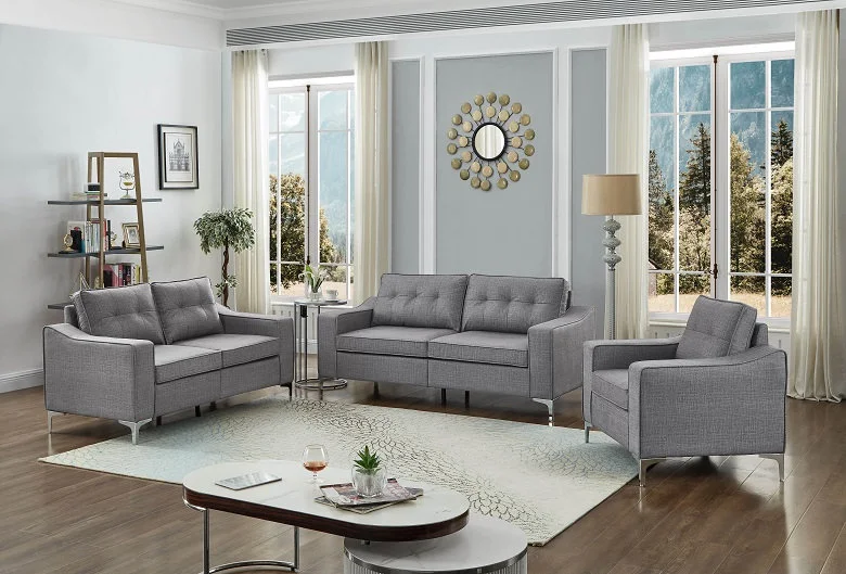 Grey Linen 3pc Sofa Set w Chrome Legs