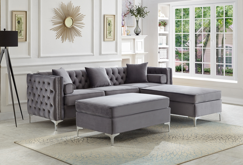 Grey Velvet Reversible Sofa Sectional W Ottoman