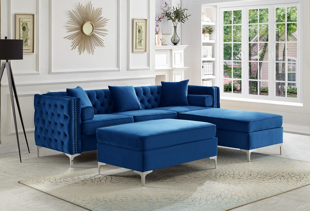 Blue Velvet Reversible Sofa Sectional W Ottoman