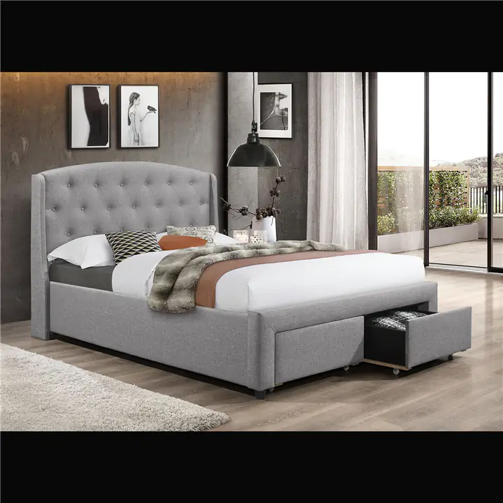 Grey Fabric Bed w 2 Front Pull Out Drawers - King