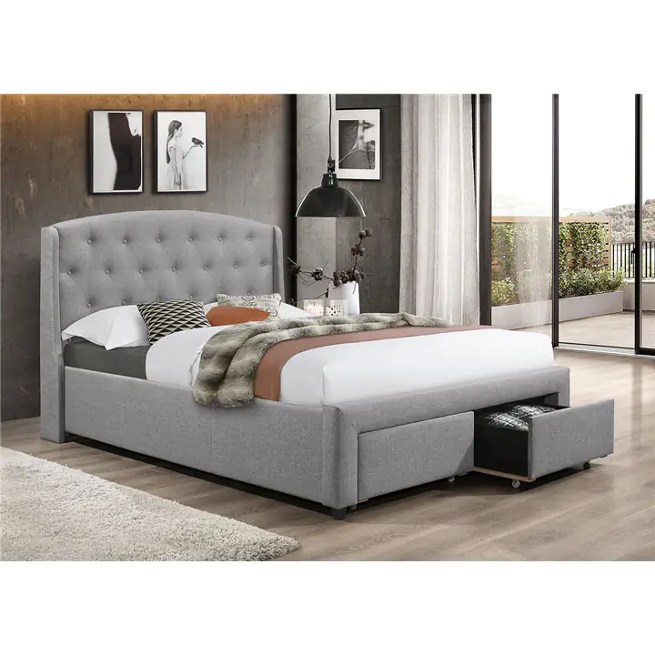 Grey Fabric Bed w 2 Front Pull Out Drawers - Queen