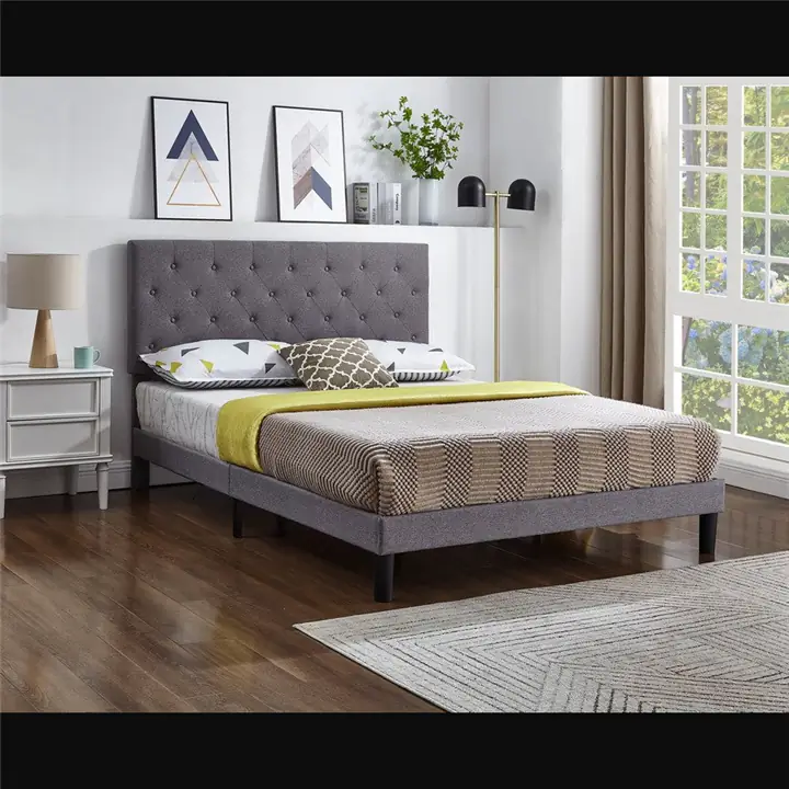 Grey Fabric Bed w Adjustable Headboard w Button Tufting - Queen