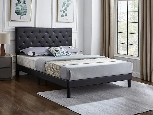Black PU Leather Bed w Adjustable Headboard w Button Tufting - King