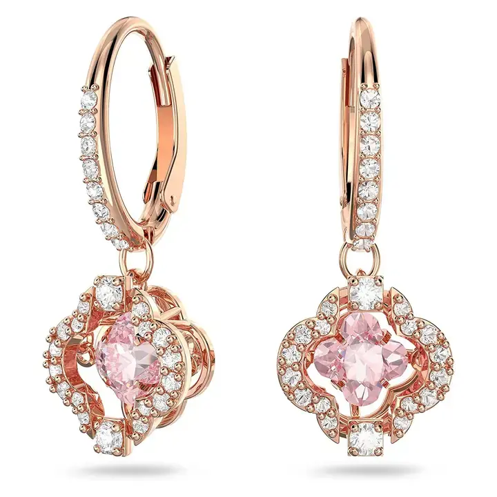 Rose Gold Tone Clover Earrings with Pink & Clear Crystal