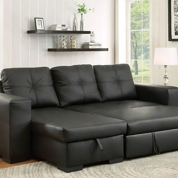 Black PU Leather Reversible Sofabed Sectional w Large Lift up Storage