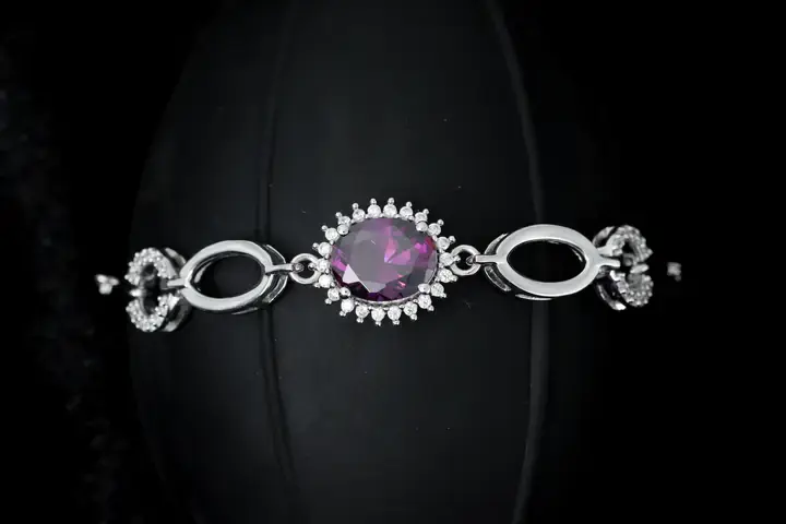 Amethyst Solitaire and White Zirconia Link Line Bracelet in Sterling
