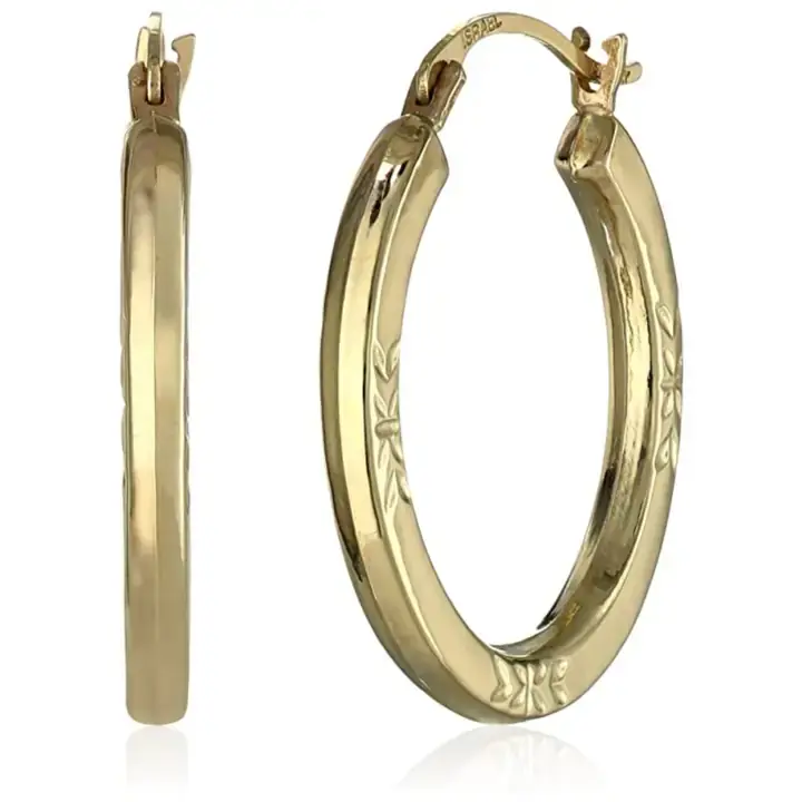 14K Gold Diamond Cut Hoop Earrings