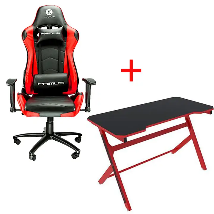 Primus Taxiar Series Thronos100T Gaming Chair & XTECH Red Wizard Computer Desk - Red/Black