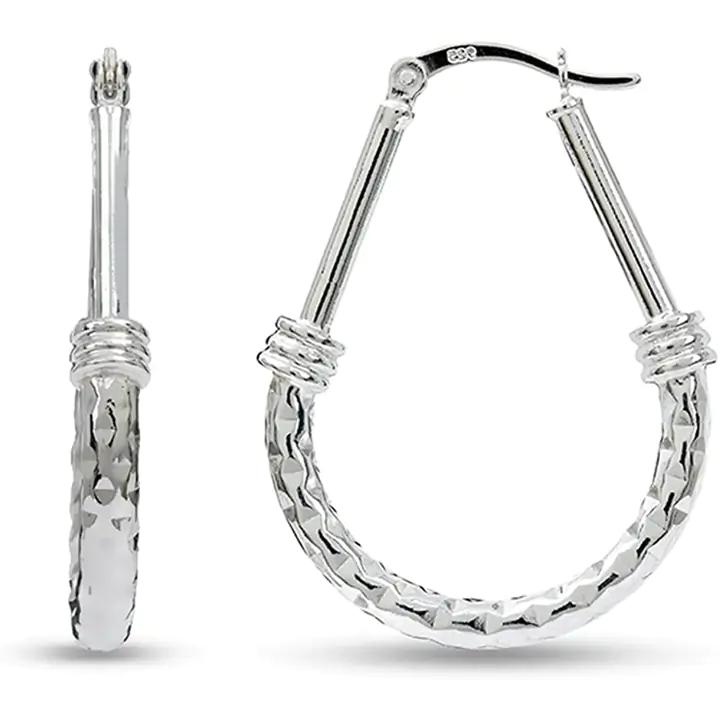 Italian Design Sterling Silver Diamond-Cut Drop Shape Hoop Earrings