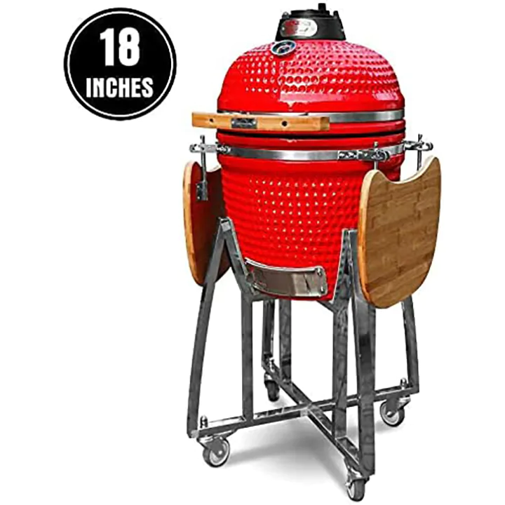 Ceramic Kamado BBQ Grill - Red- 18' with Stand and Bamboo Sideboard