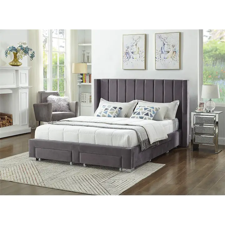 Grey Velvet Fabric Storage Bed w Wing Headboard - Queen