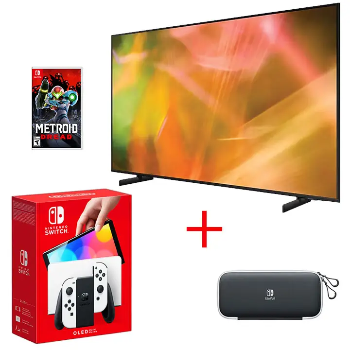 Samsung 65” AU8000 UHD 4K Smart TV & Nintendo Switch White OLED Bundle