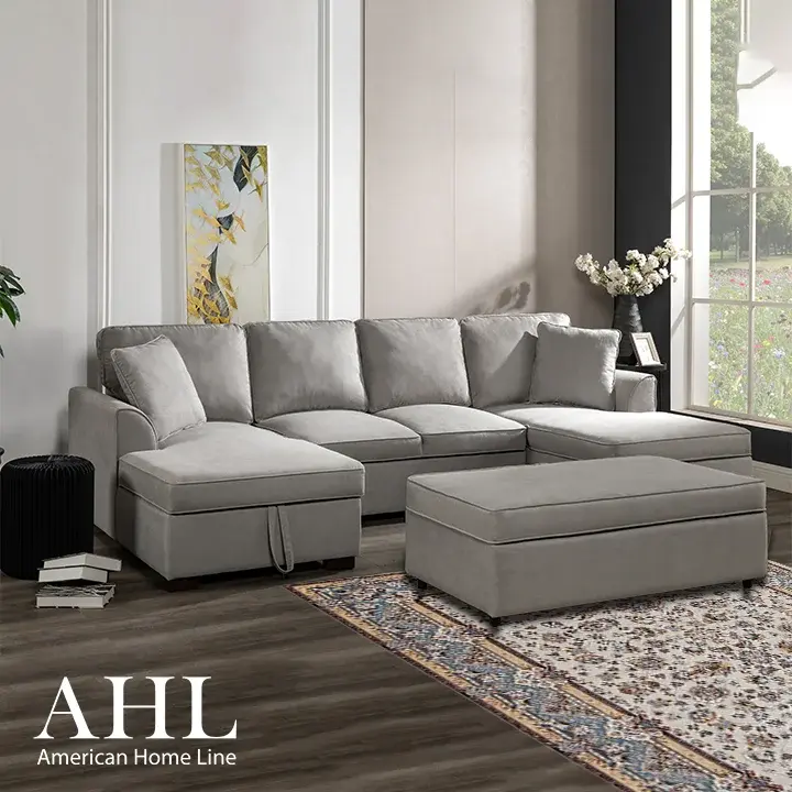 Sophia Double Storage Chaise Sectional in Grey Chenille with Ottoman