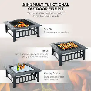 33' Square Fire Steel Stove W/Rain Cover Outdoor Backyard BBQ Black