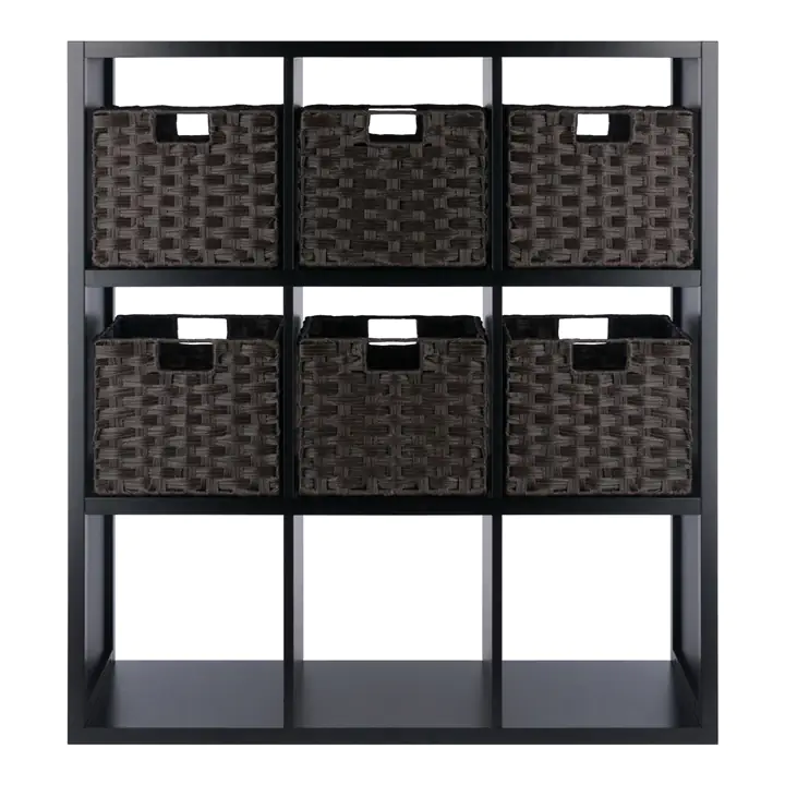 7 - Pc 3x3 Storage Shelf with 6 Foldable Woven Baskets - Black