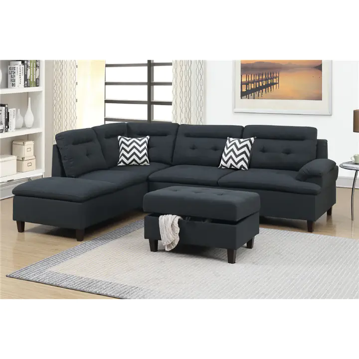 Cirta 3-Pieces Modern Sectional Set Upholstered in Black Polyfiber wit