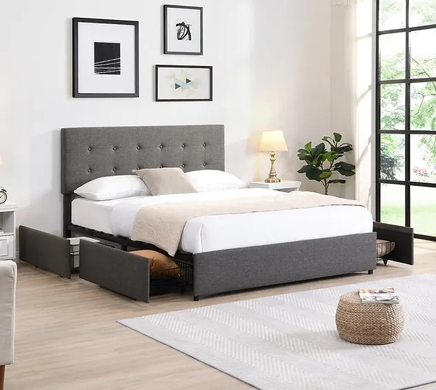 Grey Fabric Storage Bed with Button Tufting Headboard - Full